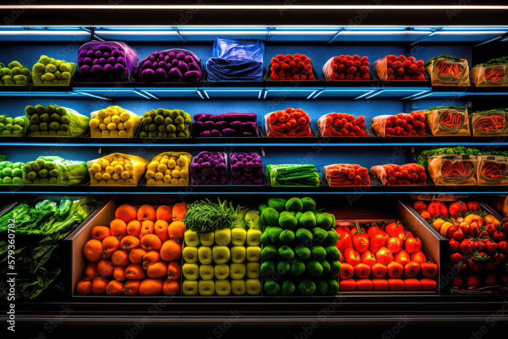 supermarket product display with food on shelves, generative ai
