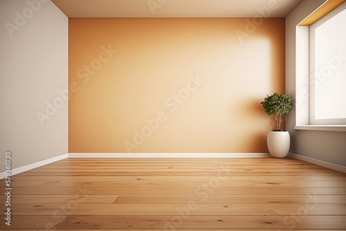 Empty Room with Yellow Walls and Wooden Floor Mockup