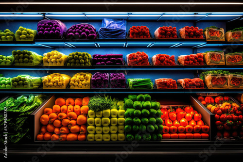 supermarket product display with food on shelves, generative ai