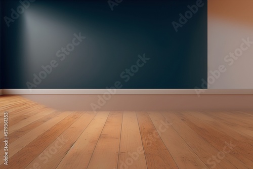 Empty Room with Dark Blue Wall and Wooden Floor Mockup