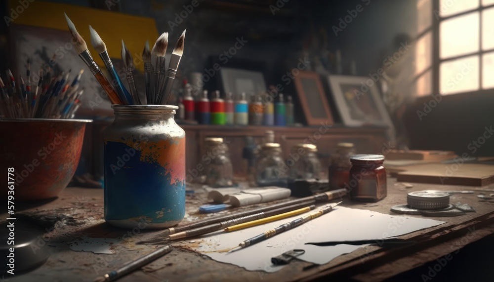 Artist's Workshop: A rustic table filled with paints, brushes, and other art supplies, bathed in the warm glow of sunlight streaming through a window. The scene is evocative of creativity, inspiration Artist's Workshop: A rustic table filled with paints, brushes, and other art supplies, bathed in the warm glow of sunlight streaming through a window. The scene is evocative of creativity, inspiration
