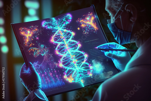 Doctor using tablet and check with analysis chromosome DNA genetic of human on virtual interface.Generative ai