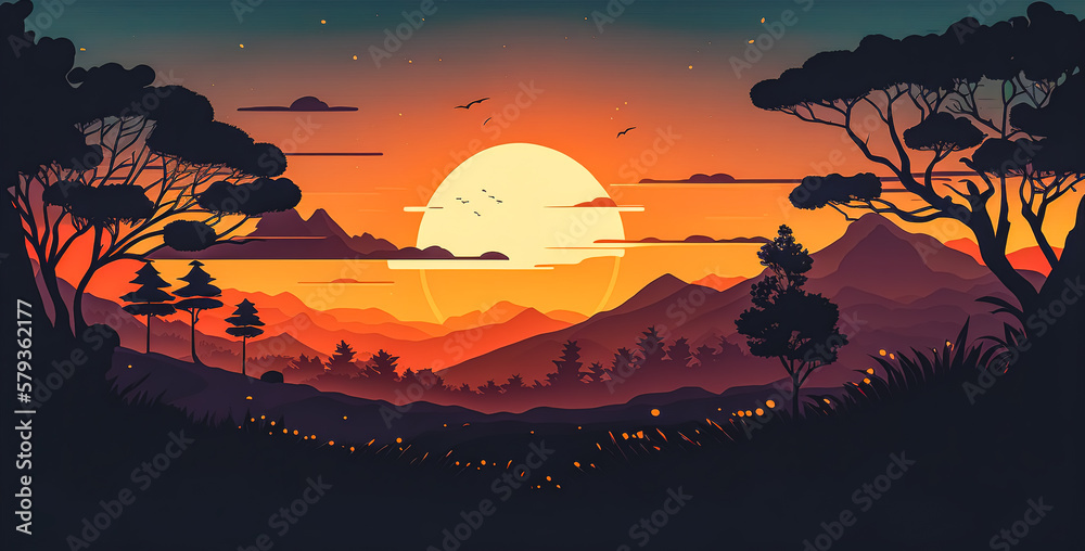 Sunset and silhouettes of trees in the mountains, generative AI.