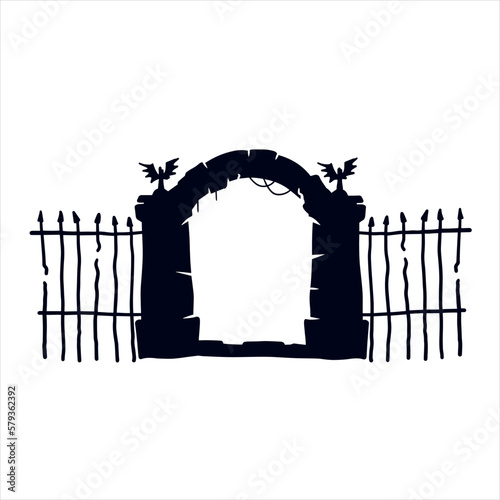 Old fence of cemetery. Halloween decoration. Black silhouette of gloomy wall.