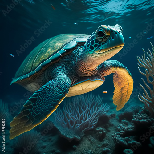 Swimming sea turtle atop coral reef. Generative AI