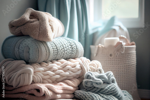 Wallpaper Mural Stack of knitted plaids and pillows. Knitting as a hobby and handicraft. Generative AI. Torontodigital.ca