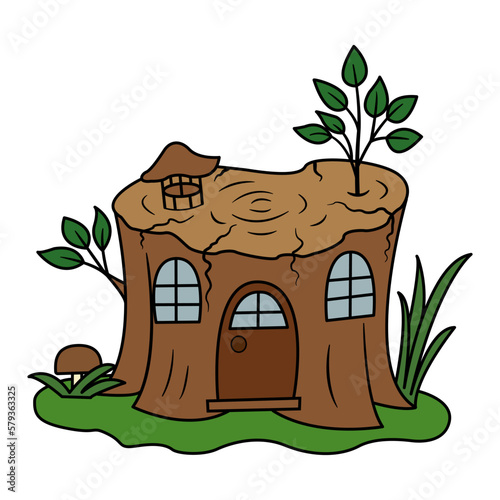 Fairytale House for Dwarves. Cartoon gnome dwelling, a stump with wooden doors, windows, and a chimney on top.