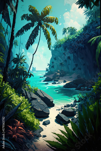 Beautiful tropical exotic beach  Thailand  Caribbean  Digital Illustration  Generative AI