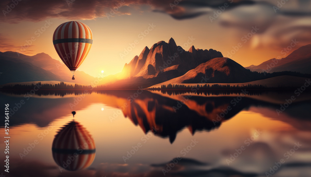 Scenic hot air balloon during sunset made with Generative AI.