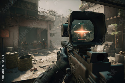 Mock-up of first person shooter video game gameplay made with Generative AI.