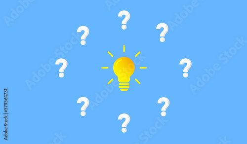 Light Bulb and Questions Mark around it in blue background. Solution and FAQ Concept 