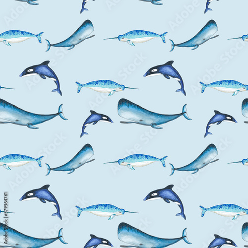 Sea animal pattern. save nature. watercolour pattern with whale  dolphin  killer whale and narwhal.
