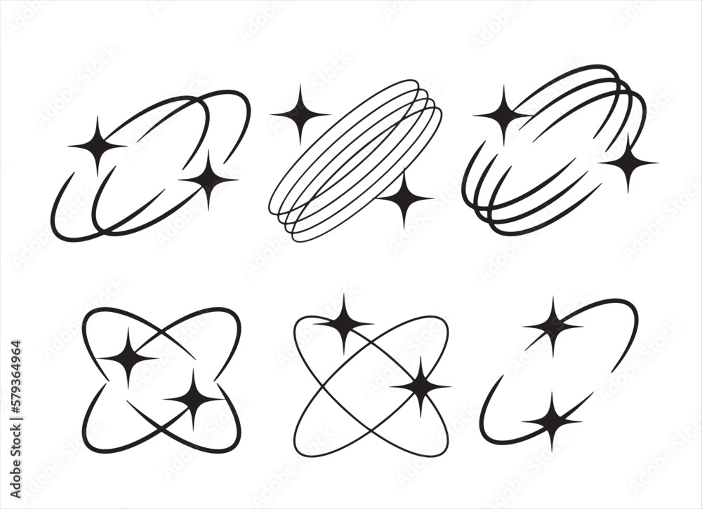 Y2K stars, starburst and retro futuristic graphic set. Trendy brutal ring collection