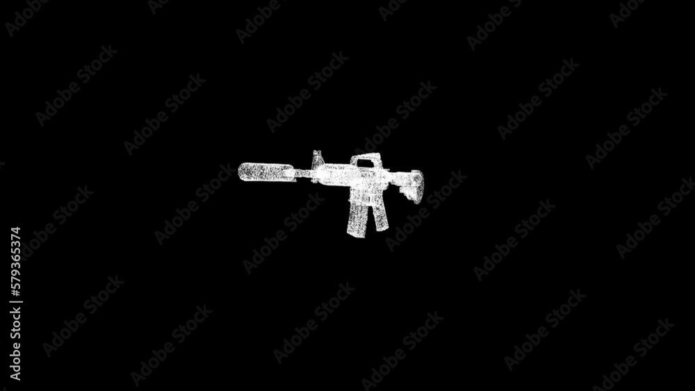 3D automatic rifle rotates on black bg. Object dissolved white flickering particles 60 FPS. Business advertising backdrop. Science concept. For title, text, presentation. 3D animation. 3D automatic rifle rotates on black bg. Object dissolved white flickering particles 60 FPS. Business advertising backdrop. Science concept. For title, text, presentation. 3D animation.