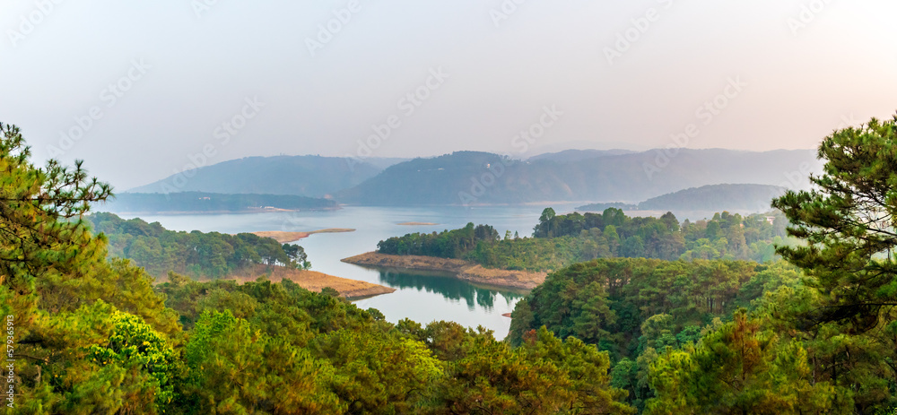A panoramic view of the Umiam Lake from Ri Kynjai Resort, Shillong, Meghalaya, India