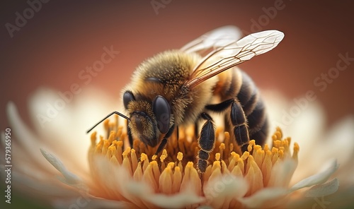  a close up of a bee on a flower with a blurry background.  generative ai