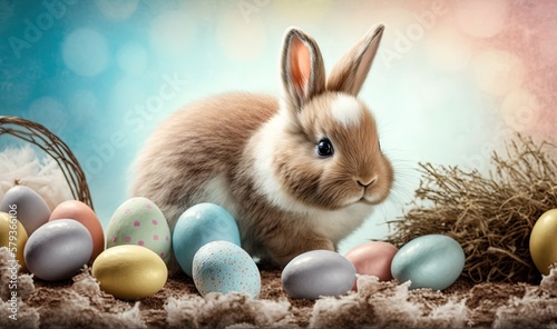  a rabbit sitting next to some eggs in a basket with hay. generative ai