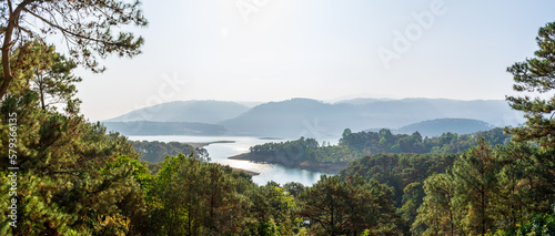 Fototapeta Naklejka Na Ścianę i Meble -  A panoramic view of the Umiam Lake from Ri Kynjai Resort, Shillong, Meghalaya, India