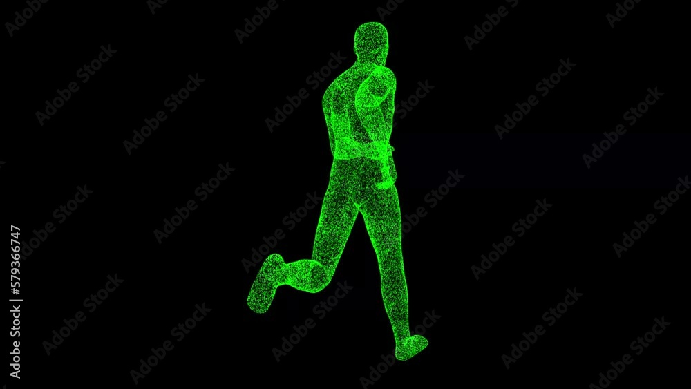 3D running man rotates on black bg. Object dissolved green flickering particles 60 FPS. Business advertising backdrop. Science concept. For title, text, presentation. 3D animation. 3D running man rotates on black bg. Object dissolved green flickering particles 60 FPS. Business advertising backdrop. Science concept. For title, text, presentation. 3D animation.