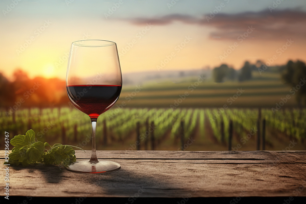 A glass of red wine against the backdrop of vineyards at sunset. Generative AI.
