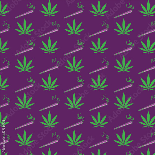 seamless repeating pattern vector design with marijuana cannabis icon and cannabis cigarette joint aligned vertically across the background. green and purple color pallet.
