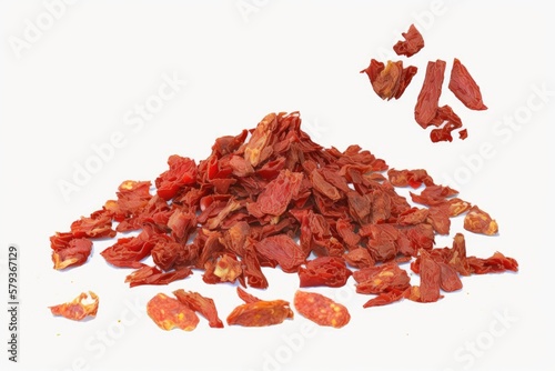 a heap of dried, chopped tomatoes, displayed against a white background. Flakes of tomato. Generative AI