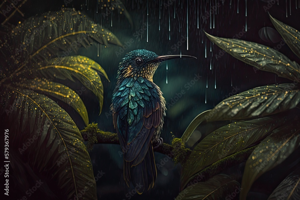 Obraz na plátně Plumeleteer with a bronze tail (Chalybura urochrysia) The Hummingbird flies silently across the rain forest at night