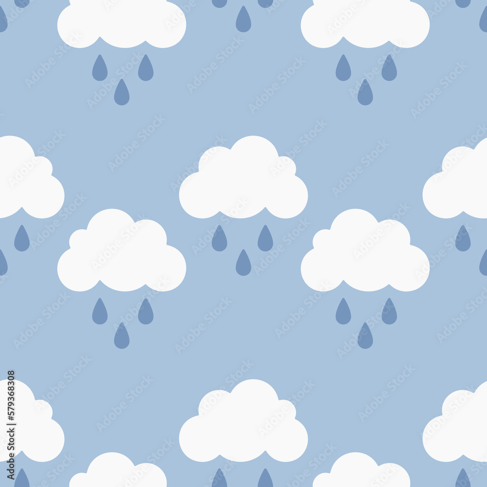 Rainy sky, white clouds and rain drops on blue background. Vector seamless pattern. Best for textile, home decor, wallpapers, wrapping paper, package and web design.