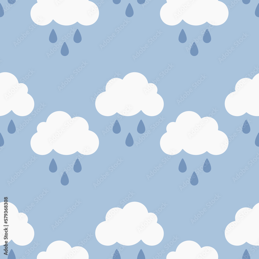 Rainy sky, white clouds and rain drops on blue background. Vector seamless pattern. Best for textile, home decor, wallpapers, wrapping paper, package and web design. Rainy sky, white clouds and rain drops on blue background. Vector seamless pattern. Best for textile, home decor, wallpapers, wrapping paper, package and web design.