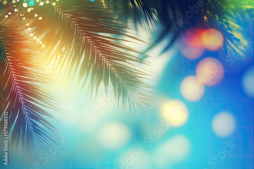 Light and coconut palm leaves bokeh in front of a blue, hazy sky. Tropic summertime scenery. The idea of a summer break. Generative AI © 2rogan