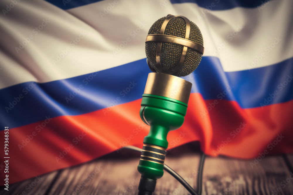 Russian flag with a microphone in front, declaration and news concept