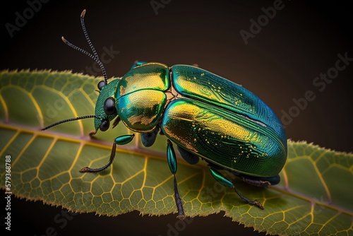 Jewel Beetle on a Green Leaf - AI Generated