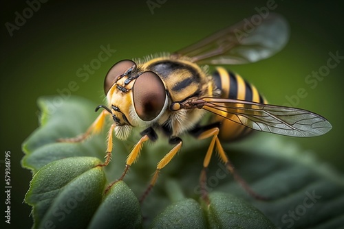 Close-up of a Hoverfly on a Lush Green Plant with Long Antennae and Legs