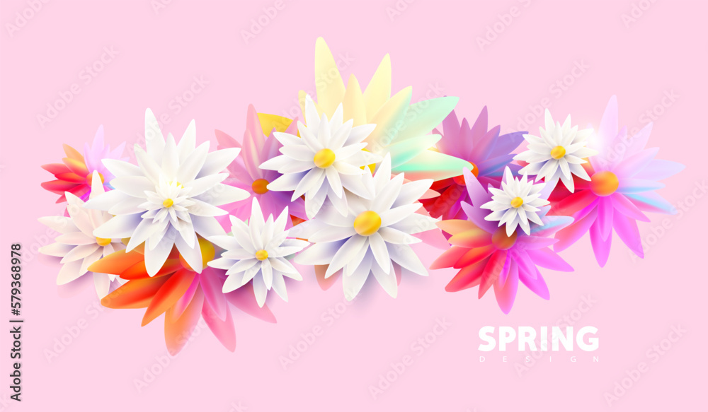 Bright colorful floral banner. Gentle bouquet of flowers on a pink background.