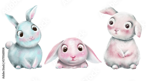 Cute Easter bunnies characters isolated on transparent background. Cartoon rabbit illustrations. Easter clip art.