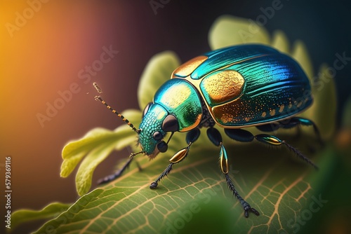 Close-Up of a Leaf Beetle Crawling on a Plant, Ai Generated