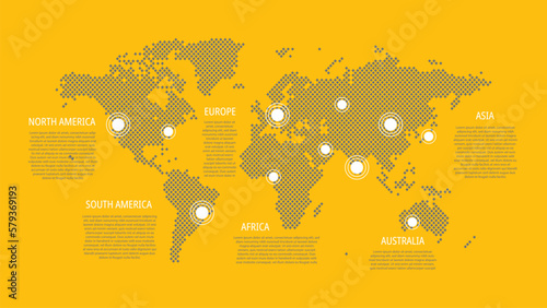World map with pointers. North  South America  Europe  Asia  Africa  Australia. Vector illustration for web page  global business  communication  text sample  infographics  travel  connection