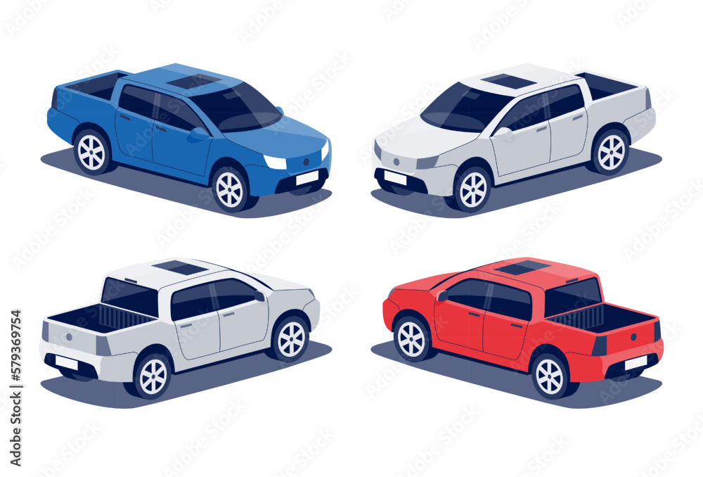 Modern off-road pickup truck car. 4-door midle size work utility suv vehicle. Generic 4x4 double cab pick-up. Isolated vector red and blue object icon on white background in isometric dimetric style. - obrazy, fototapety, plakaty 
