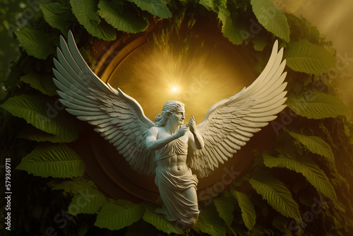 Fototapete White marble statue of angel in garden