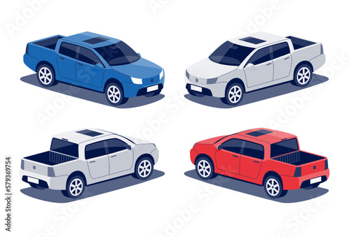 Modern off-road pickup truck car. 4-door midle size work utility suv vehicle. Generic 4x4 double cab pick-up. Isolated vector red and blue object icon on white background in isometric dimetric style. (ID: 579369754)