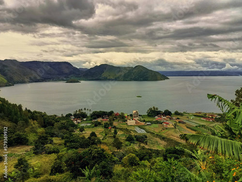 Panorama of Lake Toba from the village of Bakkara, Indonesia