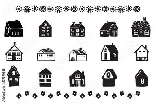 Collection of cottage house motifs in block print style. Set of homstead farm icons. 