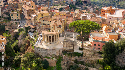 Aerial view of the temple of Sibyl in the park of Villa Gregoriana located in Tivoli, near Rome, Italy. It is an ancient Roman temple located on the acropolis of the city. It's of the Corinthian order