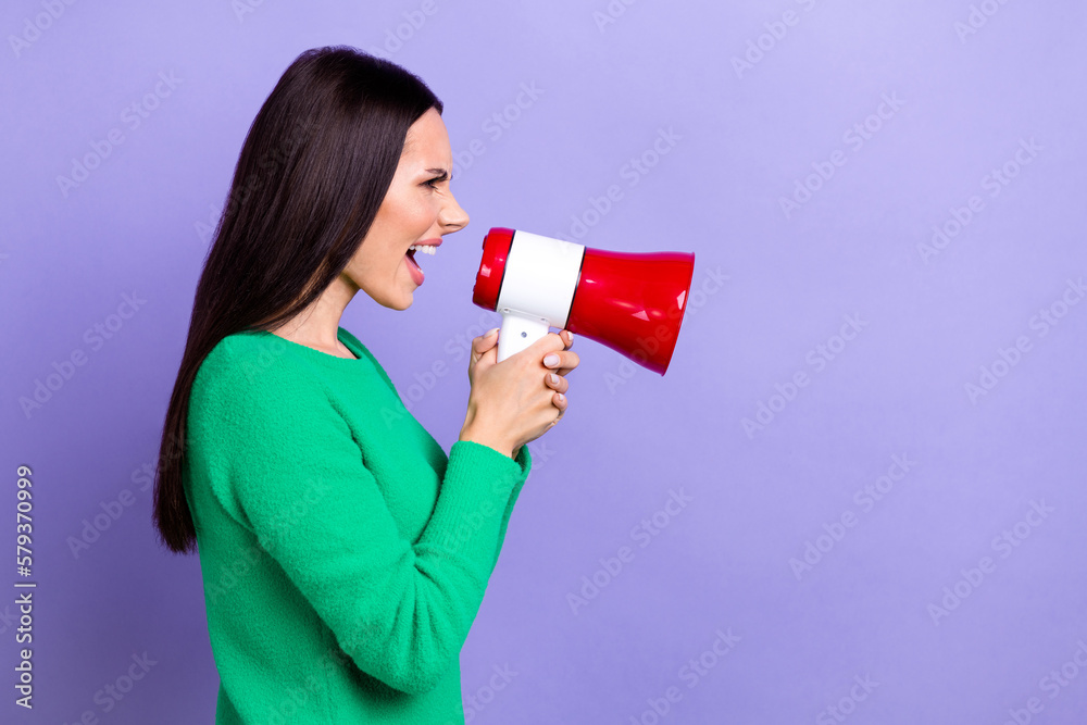 Photo of aggressive mad woman wear green pullover shouting toa empty space isolated purple color background - obrazy, fototapety, plakaty 
