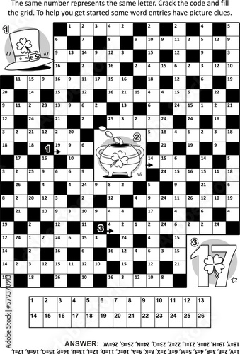 Coded crossword puzzle or codebreaker word game (or codeword, or code cracker) with several St. Patrick's Day entries and picture clues. Answer included.
