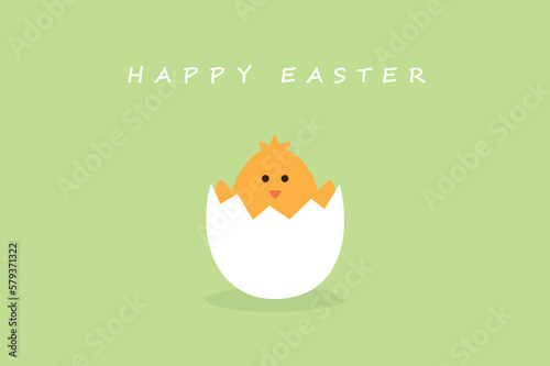 happy easter minimal design with egg and little chick on blue background