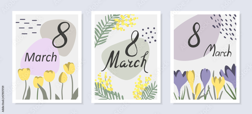 Happy Women's Day greeting card set. 8 March posters with spring flowers. Vector illustration