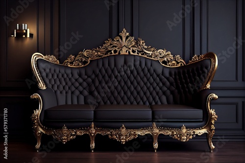 Black gold sofa with a vintage feel against black walls. Generative AI, Generative, AI