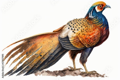 Golden Pheasant Watercolor Flying Pheasant. Isolate on white background. photo