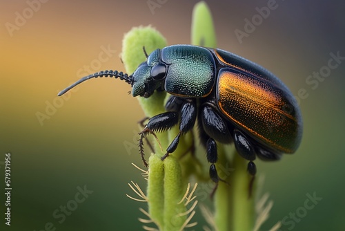 Macro Close-up of Darkling Beetle on Stem with Black Shell and Long Antennae Standing Out Against Plant's Green Colors. © Digital Dreamscape